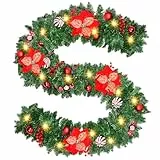 Timiyou Girlande Weihnachten 2.7m mit 30 LED-Lichtern Timer, Tannengirlande für Drinnen & Draußen, Dekoration für Treppen, Bögen, Türen, Tisch, Künstliche Weihnachtsdeko mit Schmuck (9ft Garland)