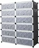 Mondeer Schuhregal, 12 Fächer Kunststoff Schuhablage, Steckregal Kunststoff, Schuhschrank für Schuhe, Taschen und Werkzeuge, mit Tür, 91 * 36 * 105cm, Schwarz mit bedruckter Verzierung
