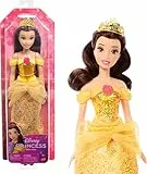 Mattel Disney Prinzessin-Spielzeug, bewegliche Belle-Modepuppe mit glitzernder Kleidung und Accessoires, inspiriert vom Disney-Film, Geschenk für Kinder, HLW11