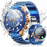 OHUGNA Herren-Smartwatch Rund HD 1,53' Gold Blau, Smartwatches für Männer, 100+ Sportmodi Fitnessuhr, Bluetooth-Sprachanruf. Kompatibel mit iOS und Android. (Blau)