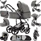 Reenborn Kinderwagen 3 in 1, Buggy mit Zwei Umkehrbaren Schiebemodi, Kinderwagen mit Rahmen Aluminiumlegierung, Kombikinderwagen 3 in 1 Komplettset Ein-Klick-Faltdesign (588 Grey)