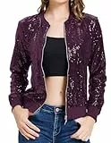 KANCY KOLE Damen-Bomber-Blazer mit Pailletten, langärmelig, Reißverschluss vorne, Party-Bomberblazer, mit Taschen, S-2XL, Violett, XX-Large