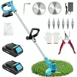 Rasentrimmer mit Akku 21V, Freischneider mit 2 Akkus 2.0Ah, 2 Arten von Metal Klingen Akku Rasentrimmer, Gartenschere, Verstellbarer Griff für Rasen Garten Beschneiden, Blau (Blau)
