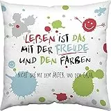 H:)PPY life Kissen Motiv 'Leben ist das mit der Freude'| Zierkissen, Baumwolle, 40 cm x 40 cm | Kissen mit Spruch | 45359