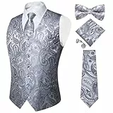 DiBanGu Herren Paisleymuster Anzugweste und Krawatte, Seide, ärmellos, Weste und Krawatte, Einstecktuch, Manschettenknöpfe für Hochzeit, formelle Anlässe, Silberfarbenes Paisleymuster, Large