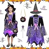 Shinybox Halloween Zauberer Kostüm, LED Hexenkleid Kinder, Mädchen Hexenkostüm mit Licht, Hexenhut, Zauberstab, Süßigkeitentüte, Halloween Leuchtendes Hexenkleid für Karneval Cosplay Party(XL)
