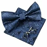 Alizeal Herren Hochzeit Paisley Gebundene Fliege, Einstecktuch und Manschettenknöpfe Set, Navy
