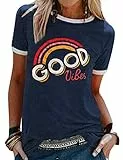 WIEIYM Damen Good Vibes T-Shirt Kurzarm Rundhals Regenbogen T Shirts Sommer Oberteil Frauen Lässig Bluse Sport Tops(Marine,M)