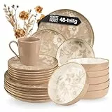 Moritz & Moritz MARIELLA Steingut Geschirrset 12 Personen 48-tlg. - Modernes Tafelservice in Beige in verspieltem Design, Pflegeleichtes Kaffeeservice mit Teller Set, Schüsseln & Tassen - Kombiservice