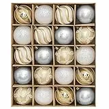Valery Madelyn Weihnachtskugeln 20 Stücke 6cm Kunststoff Christbaumkugeln Weihnachtsdeko mit Aufhänger Baumschmuck für Weihnachtsdekoration Gold Weiß Elegant Thema(L)
