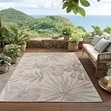 HomebyHome Outdoor Teppich Beige 200x290 cm, Wetterfest & UV-beständig, ideal für Küche, Balkon, Terrasse, Garten auch Wohnzimmer und Esszimmer, Palmblätter-Design