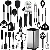 Küchenhelfer Set, 26 Stück Silikon Küchenutensilien Set, Hitzebeständiger Kochgeschirr mit Utensilienhalter, Silikon Pfannenwender Kochlöffel Antihaft Spachtel, BPA Frei, Spülmaschinenfest, Schwarz