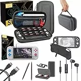 Switch Lite Accesoires, Orzly Zubehör für Nintendo Switch Lite (2019) Panzerglas Schutzfolien, USB Ladekabel, Konsole Tragetasche, Spiele Patronenhülse, Comfort Grip Case, Kopfhörer - Grau