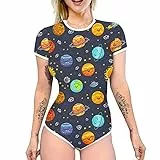 IBAKOM Damen Kurzarm Pyjama Body Niedlicher Print Einteiler Strampler Trikot Nachtwäsche Pyjamas Pj Teddy Overall Schlafanzug Oberteile Dunkelblau S