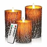 cimetech Flammenlose 3 LED Kerzen Pine Bark Cover Säule Birkeneffekt Echtwachs Flackernde Batteriebetriebene LED-Kerzen 3er Set Flackernd Fernbedienung Led Deko Kerzen
