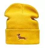 Baddery Beanie - „Dackel“ - Bestickte Strickmütze für Herren & Damen - Warme Wintermütze (Senfgelb)