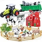 SIENON 26 Stück Bauernhofspielzeug Kinder, Bauernhof-Spielzeugset mit Scheunen-Tierfiguren, Traktor, Windmühle und Zaun Spielset, Bauernhof-Figuren-Fahrzeug-Spielzeug-LKW mit Anhänger für Tierparty