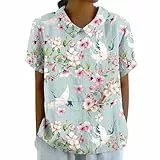 T- Shirts Damen Sale Leinenbluse Damen Art Floral Rundhals Lose Pullover Top Freizeithemd T-Shirt Tshirt Damen Rundhals 2024 Button-Down Kurzarm, Sommer Herbst Duftende Hanf T Shirt Rückenfrei Sale