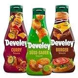 Develey – Saucen-Set 3x250 ml Squeeze-Flaschen im Bundle – Bundle bestehend aus Curry, Süß-Sauer & Burger Saucen – Ohne Konservierungsstoffe - Perfekt für viele Gerichte als Topping oder Dip