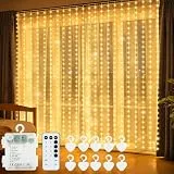 echosari 300 LED Lichtervorhang Batteriebetrieben, 3M×3M Lichterkettenvorhang Silberdraht mit Fernbedienung & Timer für Hochzeit Party Schlafzimmer Fenster Innen Deko (Warmweiß)