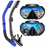 Schnorchelset Erwachsene, Schnorcheln Set mit Anti-Fog Taucherbrille und Dry Schnorchel, Professionelle Schnorchelmaske Tauchmaske aus Gehärtetem Glas für Schnorcheln (Blue+Black)