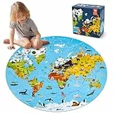 Funsland Kinderpuzzle ab 3, Weltkarte Bodenpuzzle, 70 Teile, Rund 3-7 Jährige Kinder Puzzle Spielzeug, Puzzles für Jungen und Mädchen 8-10 Jahren Geburtstagsgeschenk