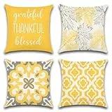 Ohok 4er Set Dekorativ Kissenbezug mit Motiv, Polyester Leinen Zierkissenbezüge 45x45 cm, Modern Dekokissen Sofakissen Kissenhülle Set für Schlafzimmer Wohnzimmer Sofa Couch (Geometrisch Gelb A)