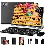 2024 Neueste Tablet 10 Zoll Android 14 mit 22GB RAM+128GB ROM 1TB TF, Octa-Core,Widevine L1,5G+2.4G WiFi, Bluetooth 5.0, 8000mAh, 8+5MP,1280*800, Gesichtserkennung,Type C, Tablet mit Tastatur -Schwarz