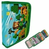 itenga Federmäppchen Jungen 28-teilig gefüllt – Schüler-Etui 1-Zipper mit Stiften, Lineal & Zubehör – Mäppchen Schule Grundschule (Motiv Blockgame Pixel)