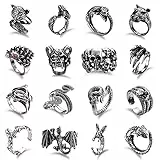 Kakonia 16 Stücke Gothic Offene Ringe Set für Männer Frauen Punk Verstellbare Schlange Drachen Klaue Tier Ringe Vintage Goth Schädel Ringe Indie Ästhetik Schwarz Stil-B