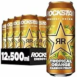 Rockstar Energy Drink Tropical Orange Passion Fruit Geschmack - Koffeinhaltiges Erfrischungsgetränk für den Energie Kick, EINWEG (12 x 500ml)