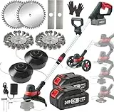 Akku Rasentrimmer mit Akku 24V BRUSHLESS Rasentrimmer mit Akku und Unkrautbürstefür für Makita Akkus(110-160CM, 2X 24V AKKU, 30CM SCHNITTBREITE) Akku Freischneider mit Rädern 4 in 1 Messer Trimmer