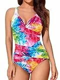Smismivo Badeanzug Damen Bauchweg Push Up Shape Schwimmanzug mitBügel Retro Schlankheits Raffung Einteilige Bademode Swimsuits for Women One Piece Swimming Suits Badekleid (Color Tie Dye Bunt)