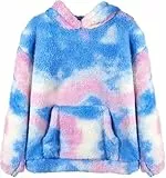 Haloumoning Kapuzenpullover Kinder Teddy Fleece Hoodie Tie Dye Warm Sherpa Sweatershirt Mädchen Jungen Langarm Baumwolle Pullover mit Kapuze Taschen Blau 160