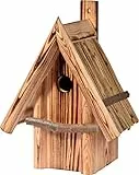 dobar® 13070e Nistkasten Hexenhaus Ø 32 mm - Nisthöhle für Wildvögel - Nistkasten Massivholz - Nisthilfe mit Schilfdach Vogelhaus für Höhlenbrüter - 26 x 19 x 33 cm - Geflammt