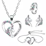 OSDUE Einhorn Schmuckset Mädchen, Einhorn Kinderschmuck Enthalten Halskette, Ringe, Armbänder, Ohrring, Schmuck Set für Party Dress Up Geschenk (5 Stück)