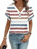 WNEEDU Tshirt Damen Sommer Kurzarm Bluse T-Shirt V Ausschnitt Oberteile Damen Sommer Locker Lässig Tops mit Abnehmbaren Knöpfen Rot Blau Grau Streifen L