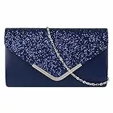 MEGAUK Damen Clutch Glitzer Elegant Abendtasche Glänzend Handtasche Envelope Tasche Strass Unterarmtasche mit Kette für Hochzeit Wedding Prom Party (Leder Blau)