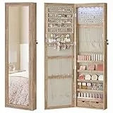 SONGMICS Schmuckschrank 120 cm hoch, Schmuck Organizer mit beleuchtetem Innenspiegel, Spiegelschrank wand- oder türmontiert, abschließbar, 2 Schubladen, eichenbraun JJC093N01