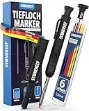 Tieflochmarker Profi mit Köcher – Bleistift für Baustelle, Bohrloch, Handwerker, Zimmermann – Markierstift für tiefe Stellen – Ersatzminen-kompatibel – Baubleistift für Holz, Metall, Fliesen