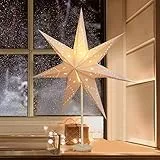 SALCAR LED Weihnachtsstern Beleuchtet Fenster 35cm, Papierstern Weihnachten mit E14 Lampe, 3D Leuchtstern Stehend Adventsstern mit Eisensockel Fuß, Weiß