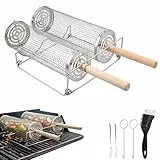 2 Pcs Grillkorb 30cm 29cm, Grillkorb Gemüse Edelstahl Rund mit 2 Abnehmbarer Holzgriff, 2 Haken, 2 Gabeln, Reinigungsbürste, Halterungen, Fischgrillgitter Fleisch Grillzubehör, Upgrade Öffnung