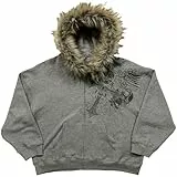Generisch Y2K Hoodie Herren Zip Up Kapuzenpullover Jacke mit Fellkapuze Warmer Pelz Wintermantel Streetwear