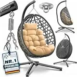 KESSER® Hängesessel mit Gestell Outdoor Indoor Schaukelstuhl Polyrattan 360° 150kg Tragkraft inkl. Polsterkissen & 2in1 Deckenhalterung + Cover – Relaxschaukel - Garten, Balkon, Terrasse, Beige
