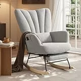 SONGMICS Schaukelstuhl, Relaxsessel, ausziehbare Fußstütze, Schaukelsessel, abnehmbares Kissen, Seitentaschen, Holzbeine, Fleece, für Schlafzimmer, Wohnzimmer, Taubengrau LYY018G101