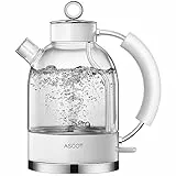 Wasserkocher Glas, ASCOT Elektrischer Wasserkocher Edelstahl, 2200W, 1,5L, BPA frei, leiser Schnellkochkessel, kabelloser Teekessel, Trockengehschutz und automatische Abschaltung