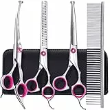 Gimars Hundepflegescheren-Set, professionell, 4CR, mit runder Sicherheitsspitze, 5-in-1-Hochleistungsschere mit Titanbeschichtung und gebogener und gerader Schere