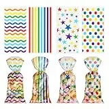 Annauiy 100Stk Durchsichtige Cellophantüten,Groß 27x13CM Süßigkeiten Tüten mit 100 Metallischen Bindebaender für Kindergeburtstag Geschenktüten Brot Kekse Schokolade Zellophantüten Plastik