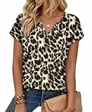PLOKNRD T-Shirt Damen Sommer V Ausschnitt - Locker Bluse Oberteile Top Damen Leicht und Luftig mit Flügelärmeln Schwarzer Leopard L