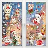 Joyoldelf 72 Stück Weihnachten Fensterbilder - Selbstklebend Doppelseitig Bedruckt Fenstersticker Katze, Geeignet für Winter Weihnachts Fenster Deko